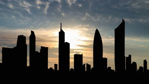 Kuwait City Skyline, Time Lapse at Sunrise with Colorful Clouds, Middle East Stock Footage 221098417