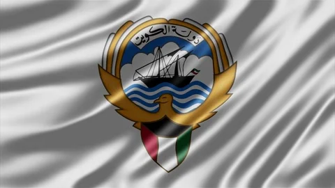 Kuwait coat of arms emblem featured on a soft white waving fabric surface Stock Footage 343946590