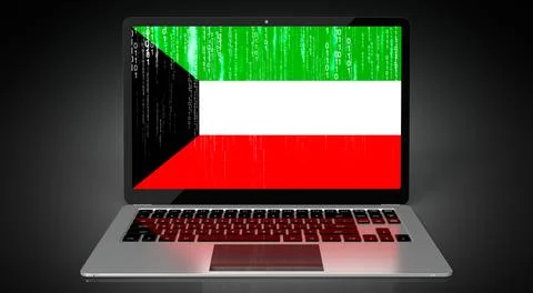 Kuwait - country flag and binary code on laptop screen Illustrazione stock
