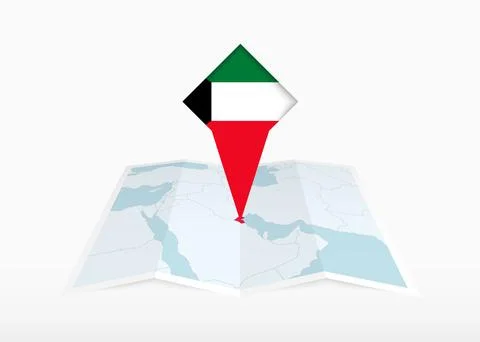 Kuwait is depicted on a folded paper map and pinned location marker with fl.. Stock Illustration