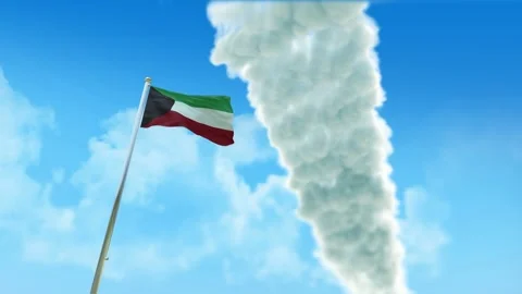 Kuwait Flag 3D Render Animation on Pole with Fighter Jets Smoke Trails in Bl Stockbeeldmateriaal 333253031