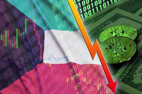 Kuwait flag and cryptocurrency falling trend with two bitcoins on dollar bill Foto stock