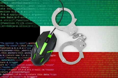 Kuwait flag  and handcuffed computer mouse. Combating computer crime, hackers Stock-Fotos