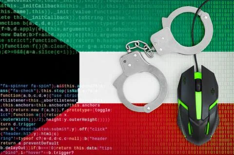 Kuwait flag  and handcuffed computer mouse. Combating computer crime, hackers Stock-Fotos