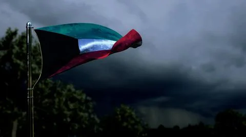 Kuwait flag for anthem day on dark storm cumulus clouds - abstract 3D rendering Illustrazione stock