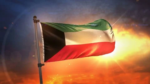 Kuwait Flag Backlit At Beautiful Sunrise Loop Slow Motion 4K Stock Footage 76543567