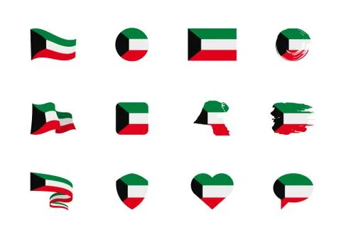 Kuwait flag - flat collection. Flags of different shaped twelve flat icons. Stock Illustration