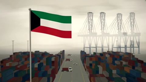 Kuwait Flag Flying Over A Container Port Terminal In Morning Haze 動画素材 344470546