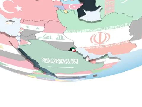 Kuwait with flag on globe Stock Illustration