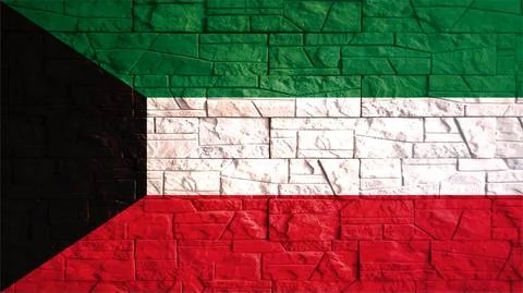 Kuwait flag with gray stone wall tiles texture. Texture of old poster back wi Stock Illustration
