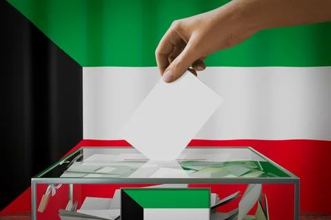 Kuwait flag, hand dropping ballot card into a box - voting concept Illustration