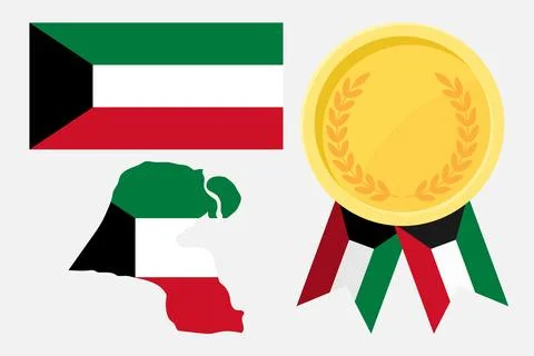 Kuwait flag with map and gold medal in set for web and banners or app and gam Illustrazione stock