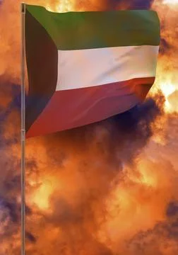 Kuwait flag on pole with sky background Illustrazione stock