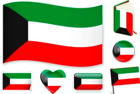 Kuwait flag wave, book, circle, pin, button, heart and sticker. Illustrazione stock