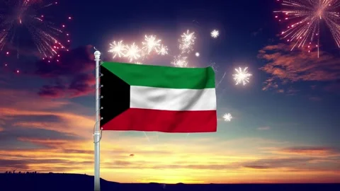 Kuwait flag waving majestically with vibrant fireworks celebration footage Stock Footage 341995570