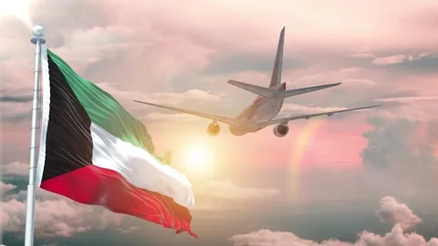 Kuwait flag Waving Realistic With Sky Plane Takes Off At Sunrise Stock Footage 294601451