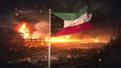 Kuwait flag waving in war is torn Vídeo Stock 346009014