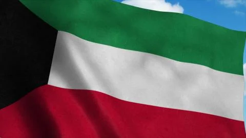 Kuwait flag waving in the wind, blue sky background. 3d rendering Illustrazione stock