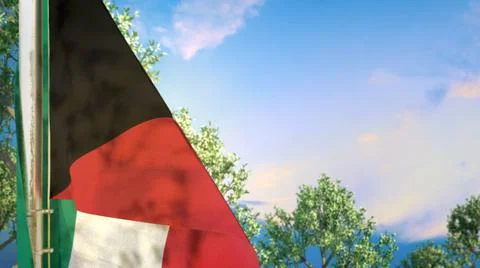 Kuwait hanging flag with trees and sky for independence day Stock Illustration