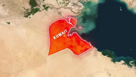Kuwait highlighted on satellite map with flag pole animation Video stock 342496432