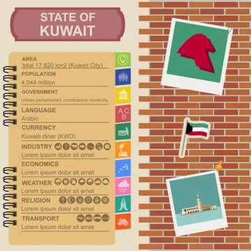 Kuwait  infographics, statistical data, sights. Palace Arantar lakeside Farak Stock Illustration