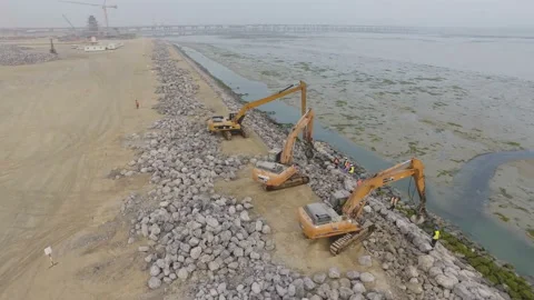 Kuwait Infrastructure. Aerial view of stonework shoreline strengthening. Stock Footage 145513644