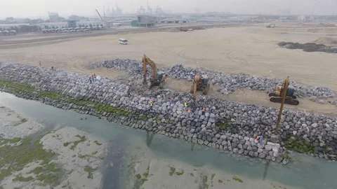 Kuwait Infrastructure. Aerial view of stonework shoreline strengthening. Stock-Footage 145513924