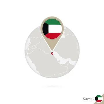 Kuwait map and flag in circle. Map of Kuwait, Kuwait flag pin. Map of Kuwai.. Stock Illustration