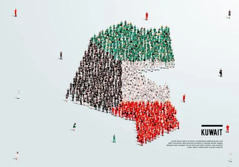 Kuwait Map and Flag. A large group of people in the Kuwait flag color. Stock Illustration