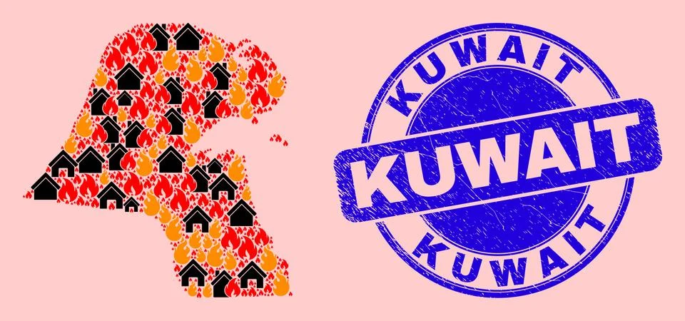 Kuwait Map Collage of Fire and Realty and Textured Kuwait Seal Illustrazione stock
