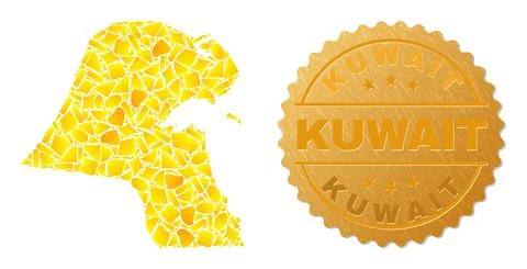 Kuwait Map Collage of Golden Items and Metal Kuwait Badge Stock Illustration