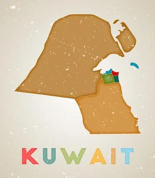Kuwait map. Country poster with colored regions. Old grunge texture. Vector.. Stock Illustration