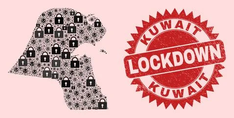 Kuwait Map Mosaic with Locks and Viruses and Grunge Lockdown Stamp Illustrazione stock