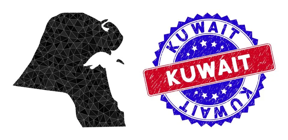 Kuwait Map Polygonal Mesh and Scratched Bicolor Stamp Stock Illustration