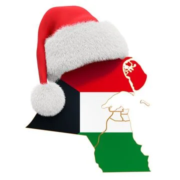 Kuwait map with red Santa hat. New Year and Christmas holidays concept, 3D re Stock Illustration