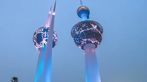 The Kuwait Towers day to night timelapse - the best known landmark of Kuwait Stock Footage 172586352