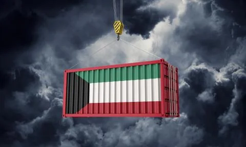 Kuwait trade cargo container hanging against dark clouds. 3D Render Illustrazione stock
