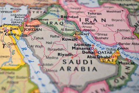 Kuwait on World Map Close Up Macro Defocused Background Geographic Image Stock Photos