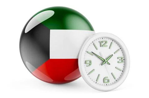 Kuwaiti flag with clock. Time in Kuwait, 3D rendering Stock Illustration