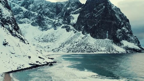 Kvalvika beach drone shot Stock Footage 228673548
