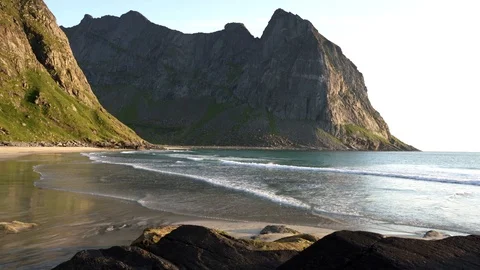 Kvalvika beach seen from the summit of Ryten, Lofoten Island, Norway 4K VIDEO Stock Footage 126152004