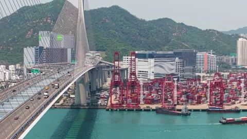 Kwai Tsing Container Terminals, Mountainous Terrain, Harbor Stock Footage 326079051