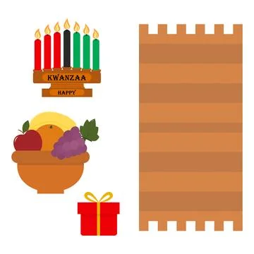 Kwanzaa Main Elements Kinara with Happy Kwanzaa Text and Candles Bowl with 库存插图