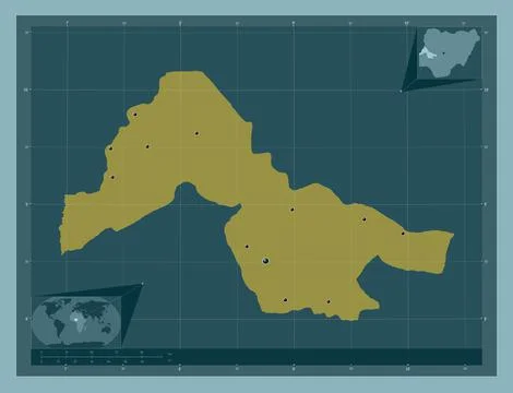 Kwara, Nigeria. Solid color shape. Locations of major cities of the region 스톡 일러스트