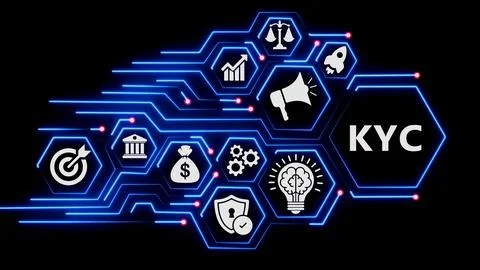 KYC concept with hexagon diagram connected by glowing lines. Illustrazione stock