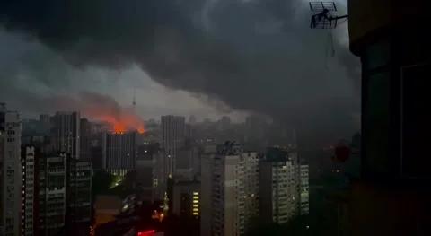 Kyiv Skyline After Missile Attack Video stock 335678920