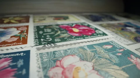 Kyiv, Ukraine - 14.04.2026. Soviet Postage Stamps with Floral Plants Designs Stock Footage 332664649