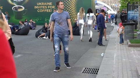 Kyiv, Ukraine - May, 2017: People Europeans walk and rest in the Euro Village Stock Footage