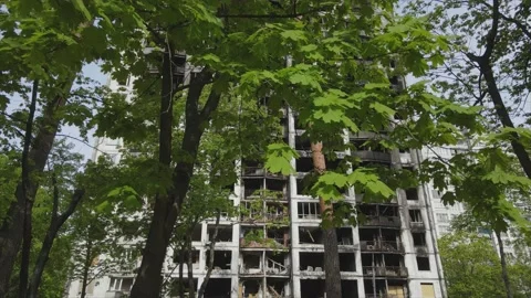Kyiv, Ukraine - war-torn multi-storey building Stock Footage 220238434