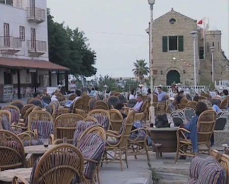 Kyrenia Harbour outdoor restaurant Stock Footage